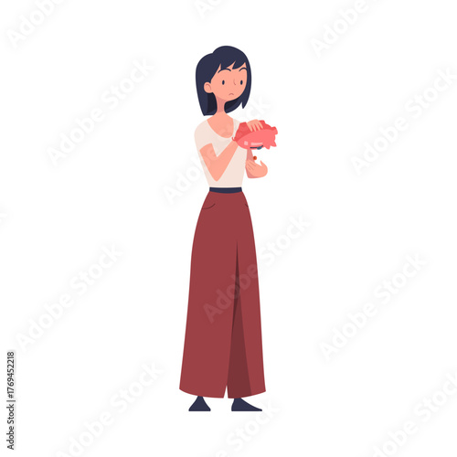 Woman with Empty Pockets Counting Coins Vector Illustration