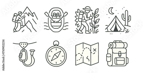 Set of icons for outdoor activities, including camping, hiking, and rafting