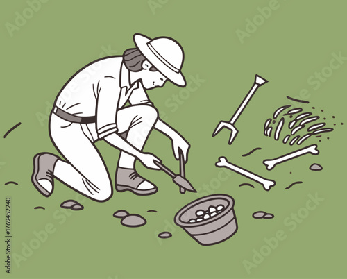 Archaeologist Digging and Uncovering Bones Illustration