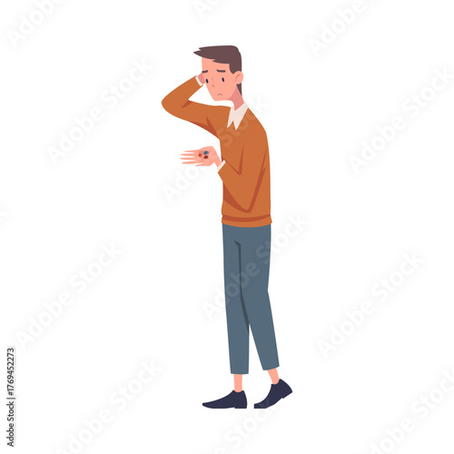 Man with Empty Pockets Counting Coins Vector Illustration