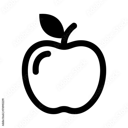 Minimalist Black Outline Apple Icon with Leaf on White Background