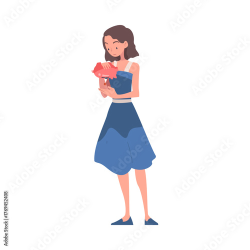 Woman with Empty Pockets Counting Coins Vector Illustration