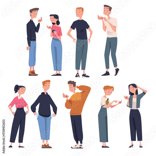 People with Empty Pockets Counting Coins Vector Set