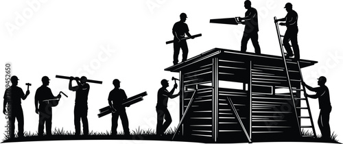 Silhouette vector illustration of workers constructing wooden shelter with ladder, beams, teamwork, tools, safety, outdoor building, architecture, carpentry, and industry