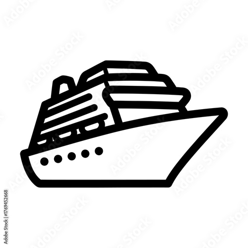 Minimalist Black Outline Cruise Ship Vector Icon on White Background
