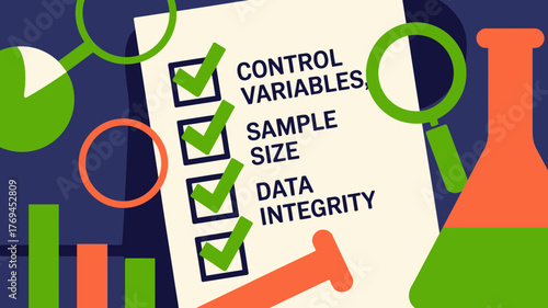 Scientific research checklist with control variables sample size and data integrity marked with green checkmarks