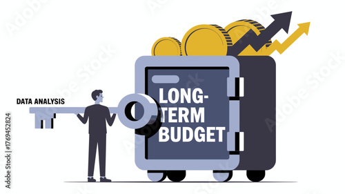 Man holding a key labeled data analysis unlocking a safe with long term budget and coins with upward arrows symbolizing growth