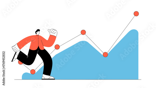 Stylized illustration of a person running alongside a rising blue graph with red data points representing growth and progress
