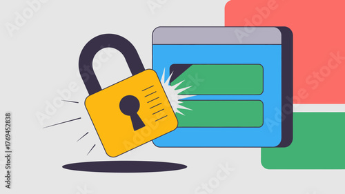 Digital security concept illustration of a yellow padlock breaking through a blue digital interface representing data protection and privacy