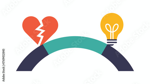 Bridge connecting a broken heart to a bright idea symbolizing healing and innovation