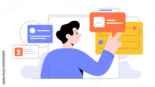 Young man interacting with digital interface elements displaying graphs and user profiles for data analysis and workflow management