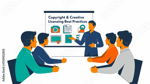 Business meeting discussing copyright and creative licensing best practices with presentation slides and icons
