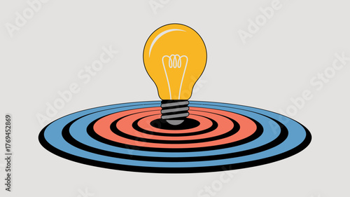 Bright yellow light bulb illuminating the center of a colorful target bullseye representing a successful idea or goal