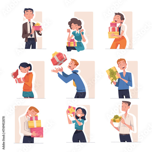 People with Gift Box Wrapped with Ribbon Vector Set