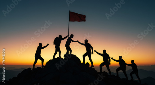 United team celebrates summit victory planting flag, achieving goals together at breathtaking sunrise mountain peak