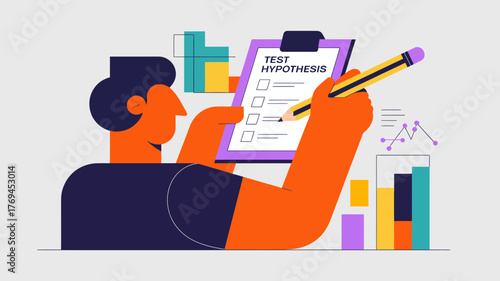 Person filling out a checklist on a clipboard with the words test hypothesis and data charts in the background
