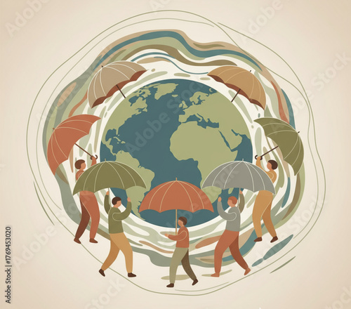 Conceptual illustration depicting people holding umbrellas around the Earth, symbolizing global protection, collective responsibility, and solidarity for a sustainable future