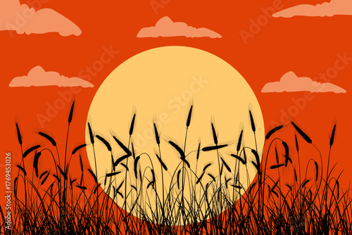 Sunset Silhouette Wheat Field with Orange Sky and Sun