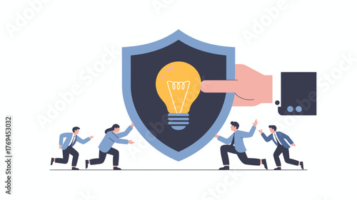 Business team protecting a glowing light bulb idea behind a large shield held by a giant hand