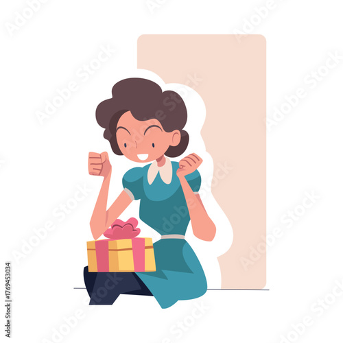 Woman with Gift Box Wrapped with Ribbon Vector Illustration