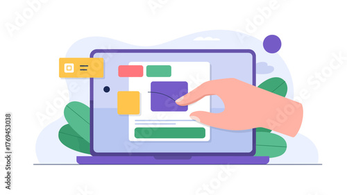 Close up of a hand interacting with a digital interface on a laptop screen illustrating web design and development processes