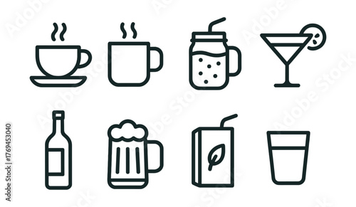 Set of black and white icons for drinks and food items