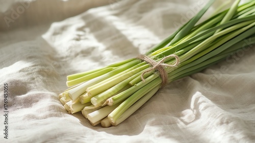 A bunch of fresh lemongrass tied with natural twine