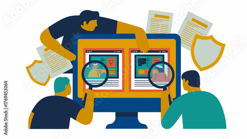 Team of people collaborating and analyzing data on a computer screen with magnifying glasses and security shields