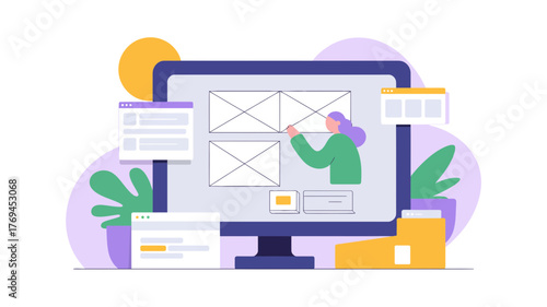 A designer is creating a website wireframe on a computer screen surrounded by various interface elements and plants
