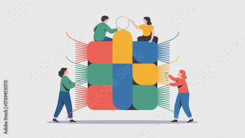 Diverse team collaborating to weave a colorful abstract tapestry symbolizing unity and interconnectedness in a creative project