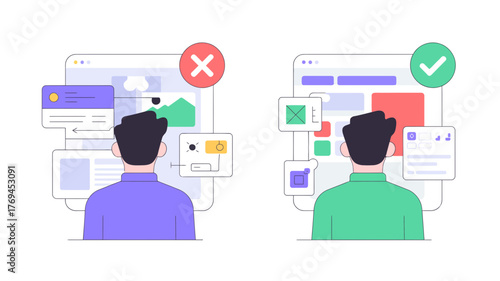 Comparing user interface design concepts with a red cross and a green checkmark indicating good and bad outcomes