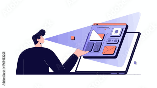 Man interacting with a digital interface on a laptop screen with a futuristic holographic projection effect