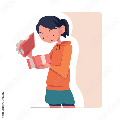Woman with Gift Box Wrapped with Ribbon Vector Illustration