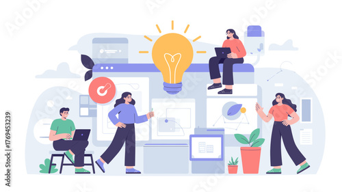 Diverse team of people collaborating on a project brainstorming ideas and developing solutions around a giant glowing light bulb symbolizing innovation