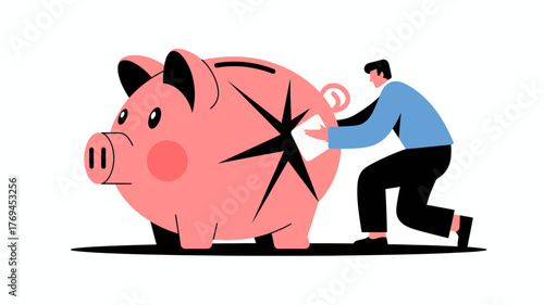 Man carefully cleaning a large pink piggy bank with a cloth symbolizing financial care and saving money