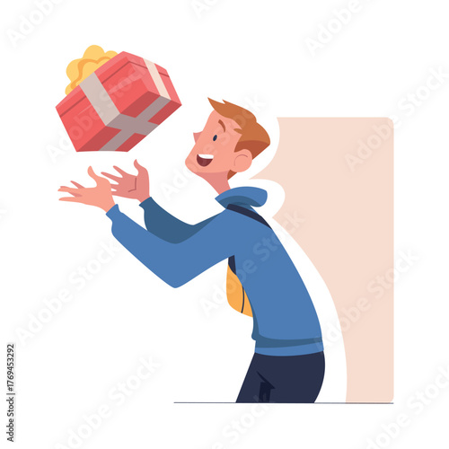 Man with Gift Box Wrapped with Ribbon Vector Illustration