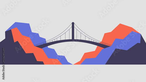 Modern suspension bridge spans a deep canyon between colorful abstract mountains in a minimalist flat design style