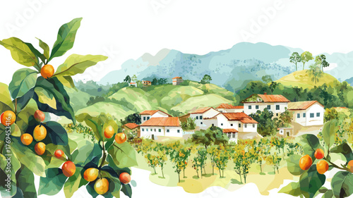 Coffee Cultural Landscape - Eje Cafetero. Coffee Cultural Landscape - Eje Cafetero hand drawn watercolor illustration