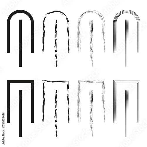 Abstract brushstroke arches. Monochromatic artistic shapes. Hand drawn Vector elements. Rough texture lines.