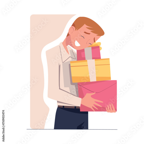 Man with Gift Box Wrapped with Ribbon Vector Illustration