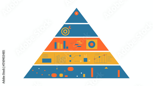 Abstract pyramid diagram illustrating business growth stages with data visualization elements and goals