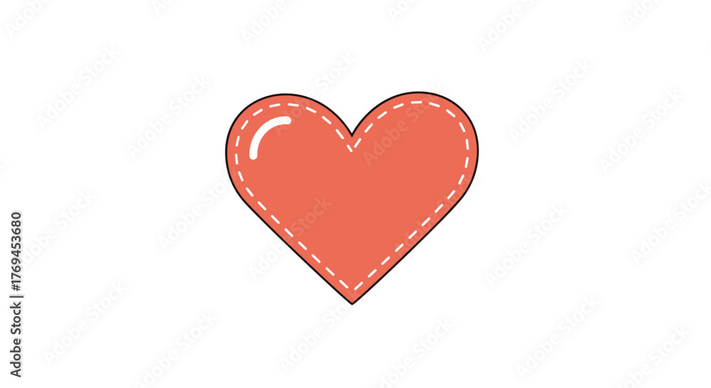 Fototapeta premium A cheerful orange-red heart icon featuring a stitched edge and a glossy reflection, perfect for expressing warm feelings.