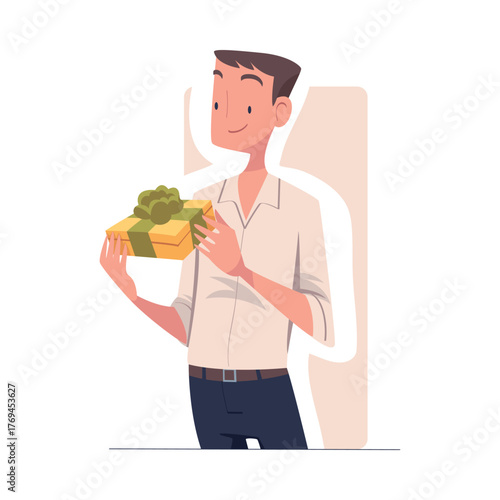 Man with Gift Box Wrapped with Ribbon Vector Illustration