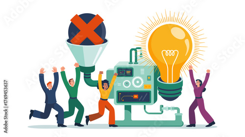 Team celebrates as a machine transforms rejection into a bright new idea and innovation