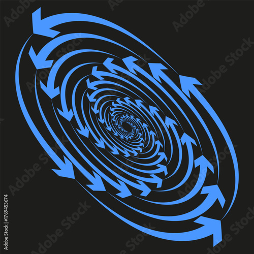 Spiral arrows pattern. Blue dynamic motion. Rotation Vector graphic. Abstract dark background.