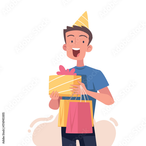Man with Gift Box Wrapped with Ribbon Vector Illustration