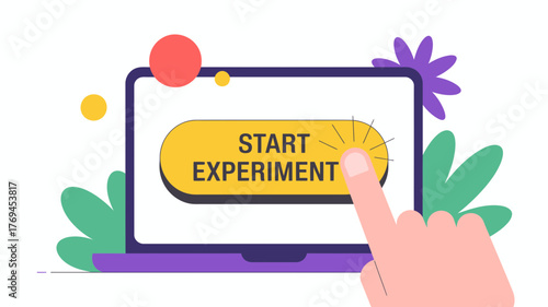 Hand pressing a large yellow button labeled start experiment on a laptop screen with abstract floral elements
