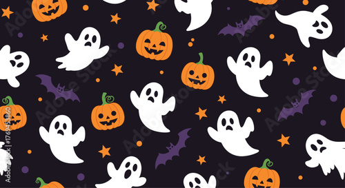 A playful and spooky seamless Halloween pattern featuring cartoon ghosts, grinning jack-o'-lanterns, flying bats, and scattered stars on a dark background.