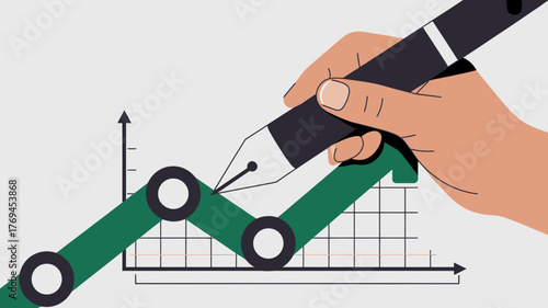 Hand holding a fountain pen drawing an upward trending green graph on a grid representing financial growth and success