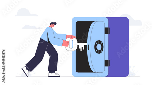 Man holding a large key to unlock a light blue safe door with a purple body on a white background